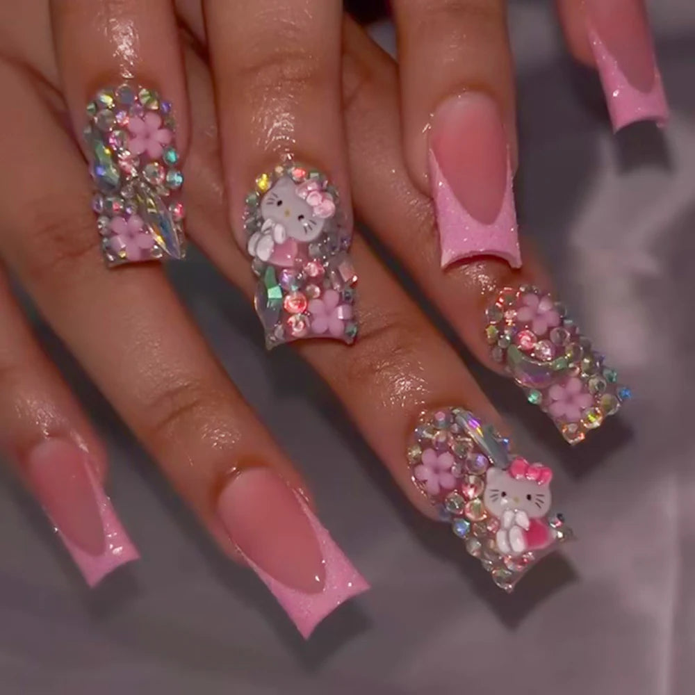 24Pcs 3D Hello Kitty Pearl Bow False Nails Medium Coffin Pink French Fake Nail Patches Y2k Cartoon Wearable Women Press On Nails
