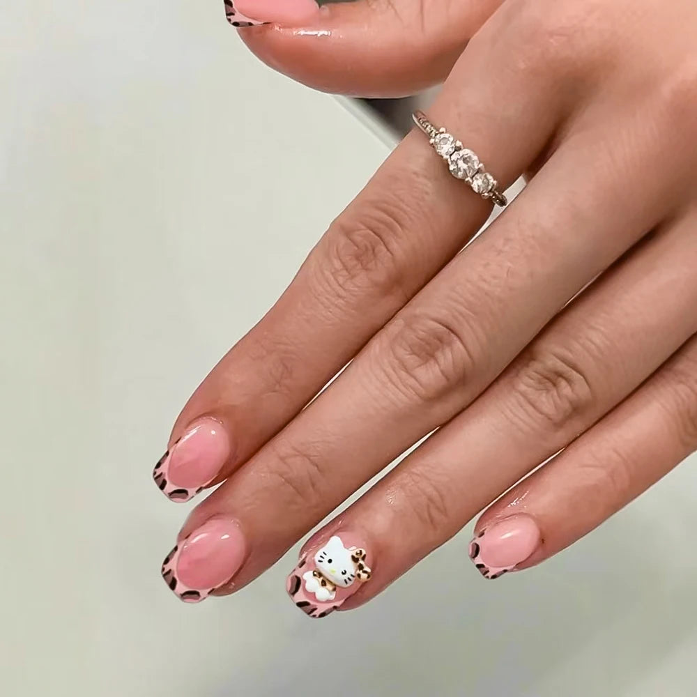 24Pcs 3D Hello Kitty Pearl Bow False Nails Medium Coffin Pink French Fake Nail Patches Y2k Cartoon Wearable Women Press On Nails