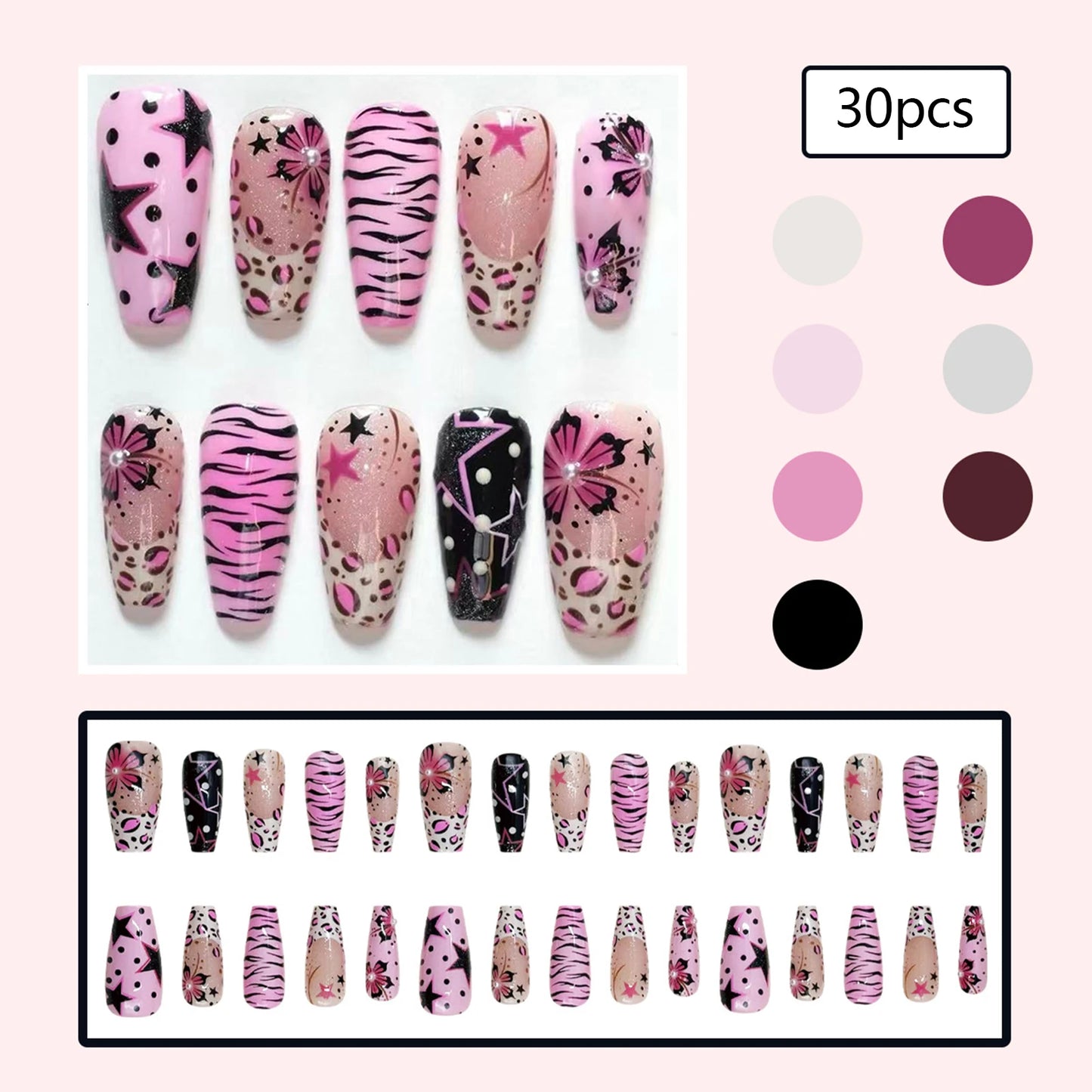 24pcs Y2K girl style Fake Nails Musical Note Star Pattern Long Coffin False Nails Wearable Spicy Girls Ballet Press on Nails