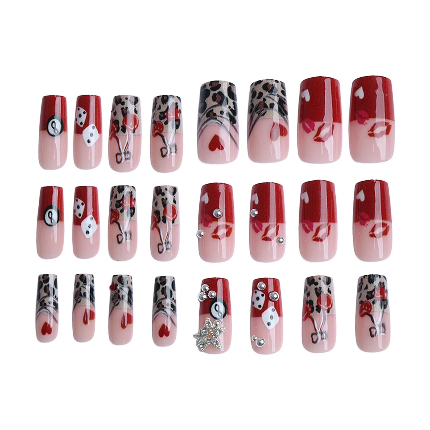 24PCS False Nails Leopard Printed Rhinestone French Artificial Nail Tips For Women Daily Wear Wearable False Nails Woman