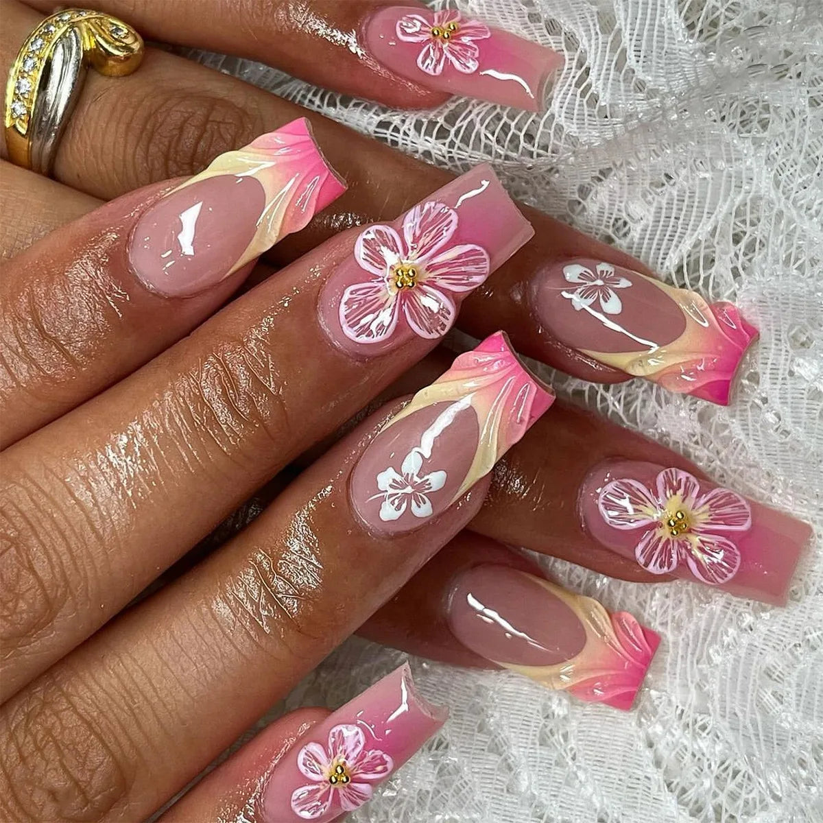 24Pcs Long French Fake Nails with Glue Ballet False Nails Butterfly Rhinestone Design Press on Nails Wearable Coffin Nail Tips