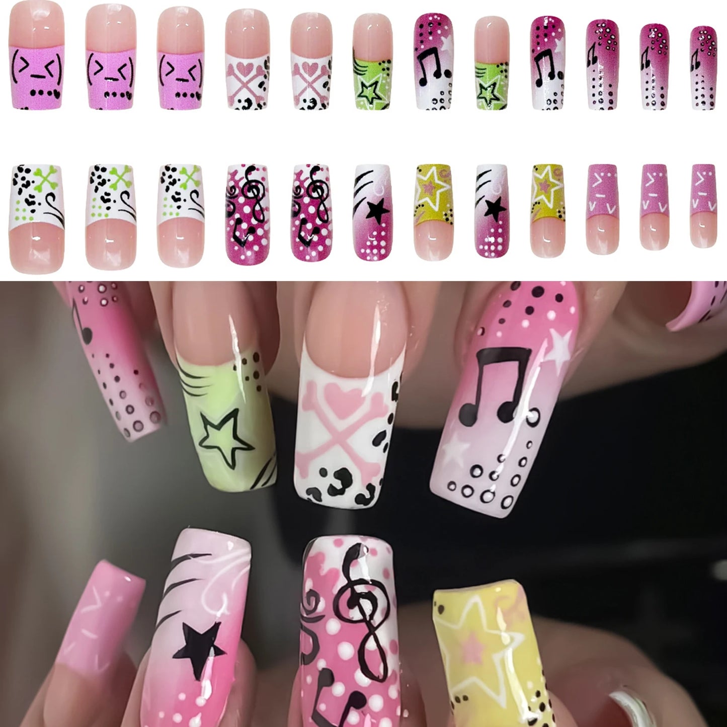 24pcs Y2K girl style Fake Nails Musical Note Star Pattern Long Coffin False Nails Wearable Spicy Girls Ballet Press on Nails