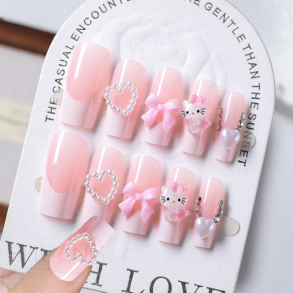 24Pcs 3D Hello Kitty Pearl Bow False Nails Medium Coffin Pink French Fake Nail Patches Y2k Cartoon Wearable Women Press On Nails