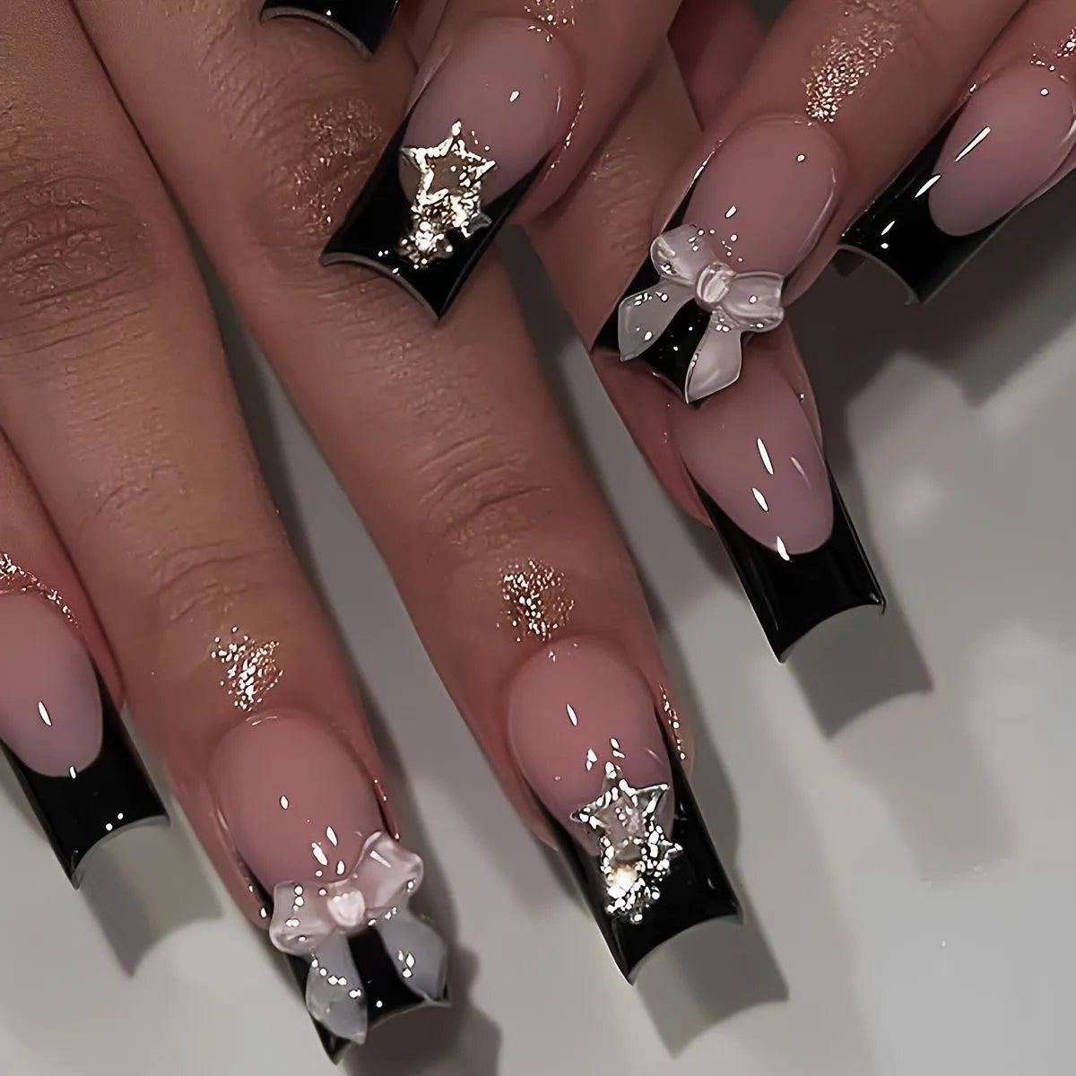 24Pcs Long French Fake Nails with Glue Ballet False Nails Butterfly Rhinestone Design Press on Nails Wearable Coffin Nail Tips