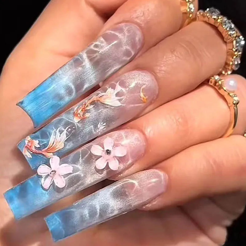 24Pcs Long French Fake Nails with Glue Ballet False Nails Butterfly Rhinestone Design Press on Nails Wearable Coffin Nail Tips