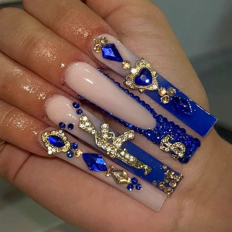 24Pcs Long French Fake Nails with Glue Ballet False Nails Butterfly Rhinestone Design Press on Nails Wearable Coffin Nail Tips