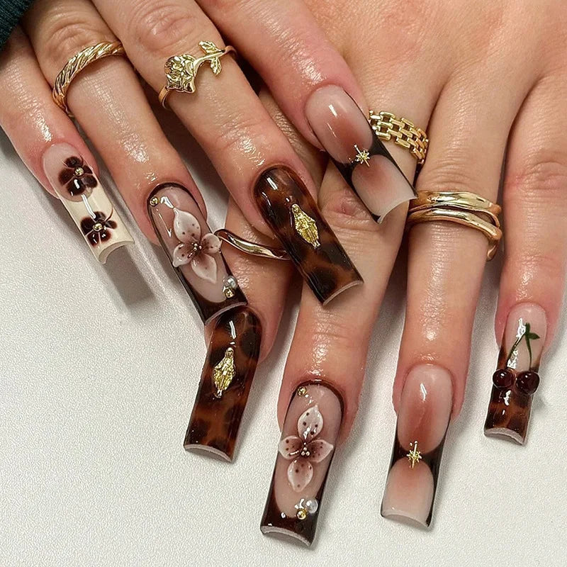 24Pcs Long French Fake Nails with Glue Ballet False Nails Butterfly Rhinestone Design Press on Nails Wearable Coffin Nail Tips