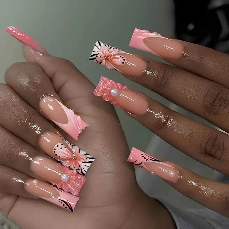 24Pcs Long French Fake Nails with Glue Ballet False Nails Butterfly Rhinestone Design Press on Nails Wearable Coffin Nail Tips