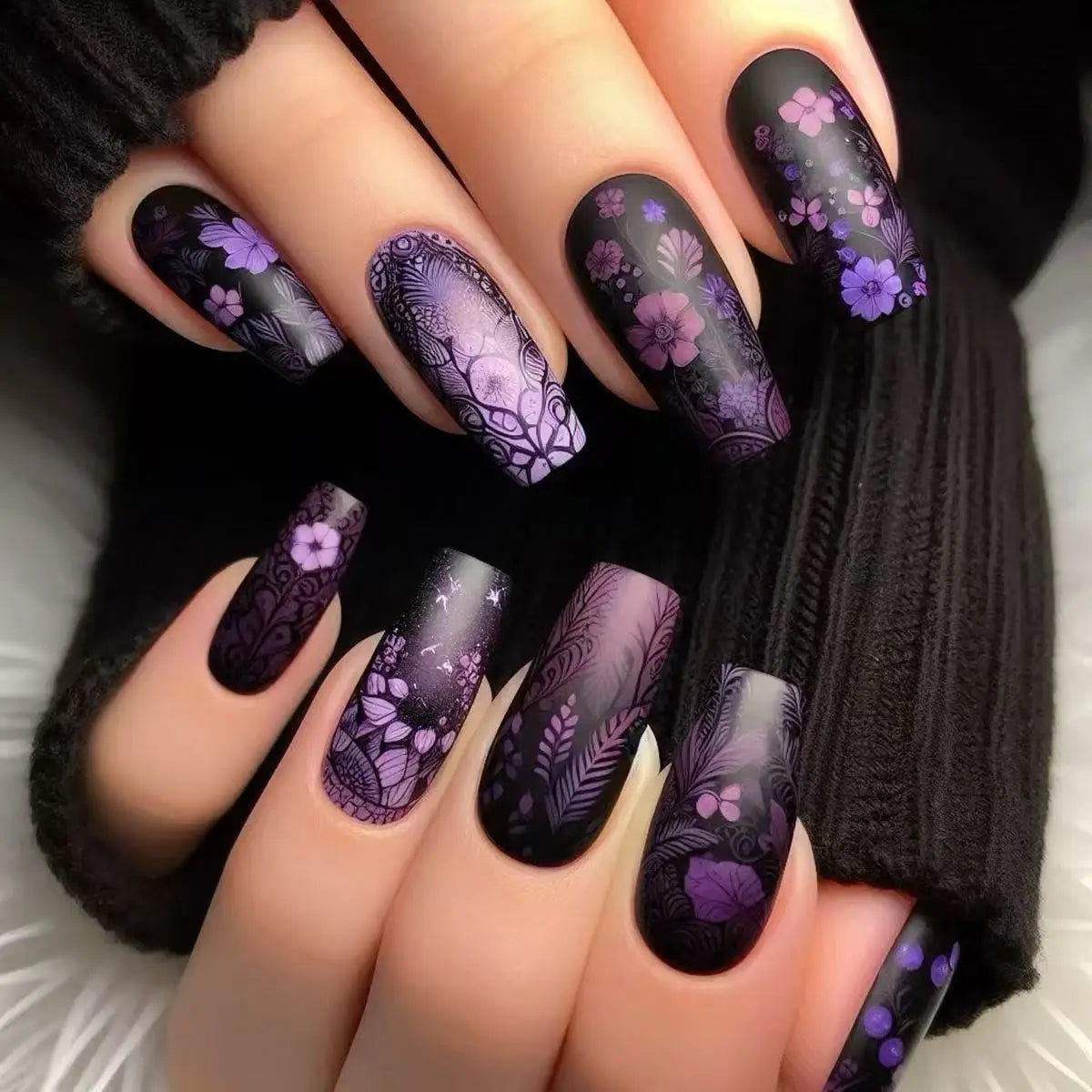 24PCS Gothic False Nails Dark Red Vine Pattern Medium Coffin Press on Nail Sticker Sweet Cool Glossy French Fake Nail Spice Girl