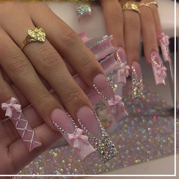 24Pcs Long French Fake Nails with Glue Ballet False Nails Butterfly Rhinestone Design Press on Nails Wearable Coffin Nail Tips