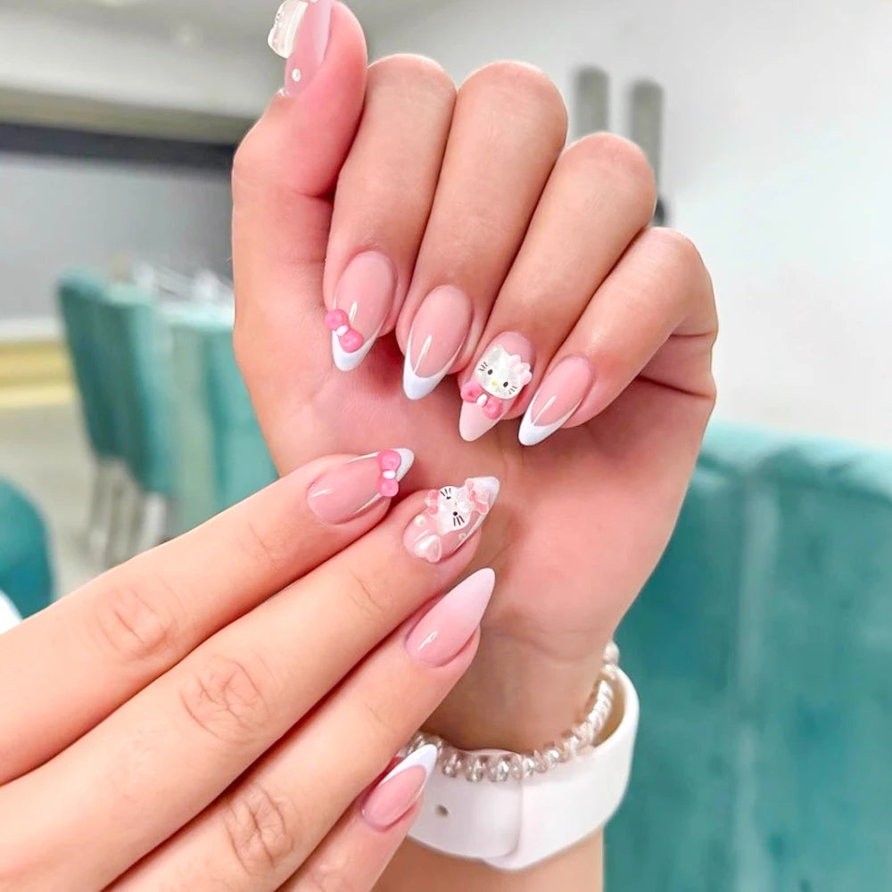 24Pcs 3D Hello Kitty Pearl Bow False Nails Medium Coffin Pink French Fake Nail Patches Y2k Cartoon Wearable Women Press On Nails