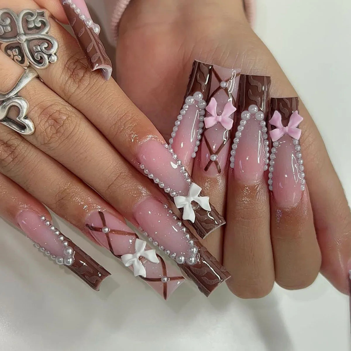 24Pcs Long French Fake Nails with Glue Ballet False Nails Butterfly Rhinestone Design Press on Nails Wearable Coffin Nail Tips