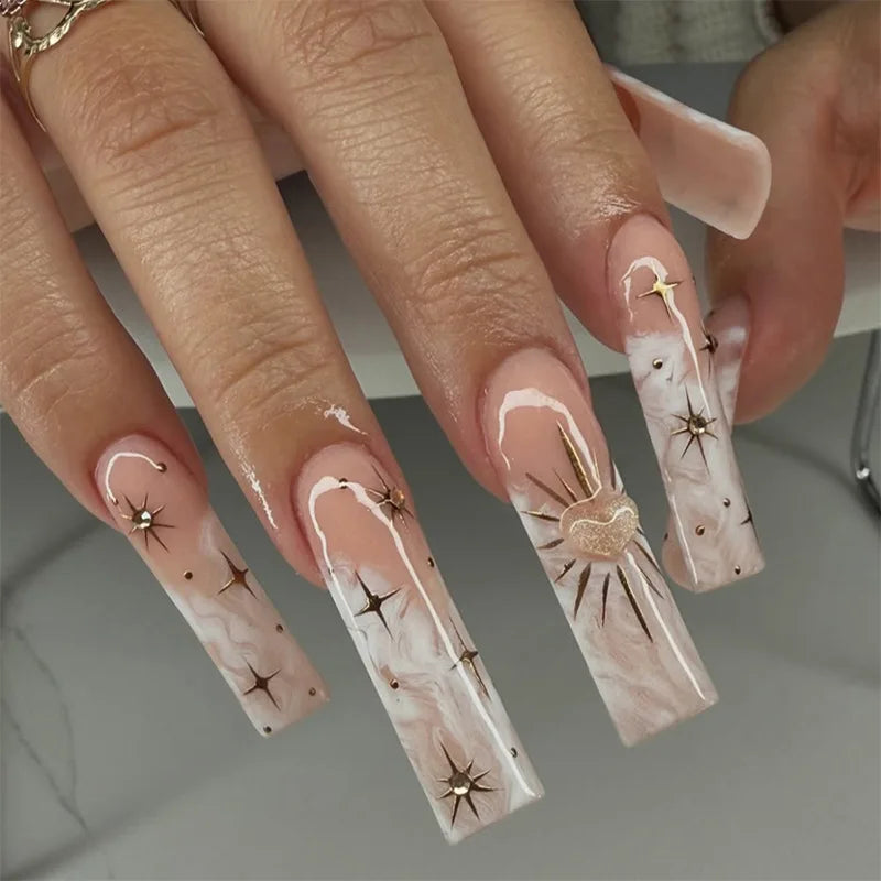 24Pcs Long French Fake Nails with Glue Ballet False Nails Butterfly Rhinestone Design Press on Nails Wearable Coffin Nail Tips