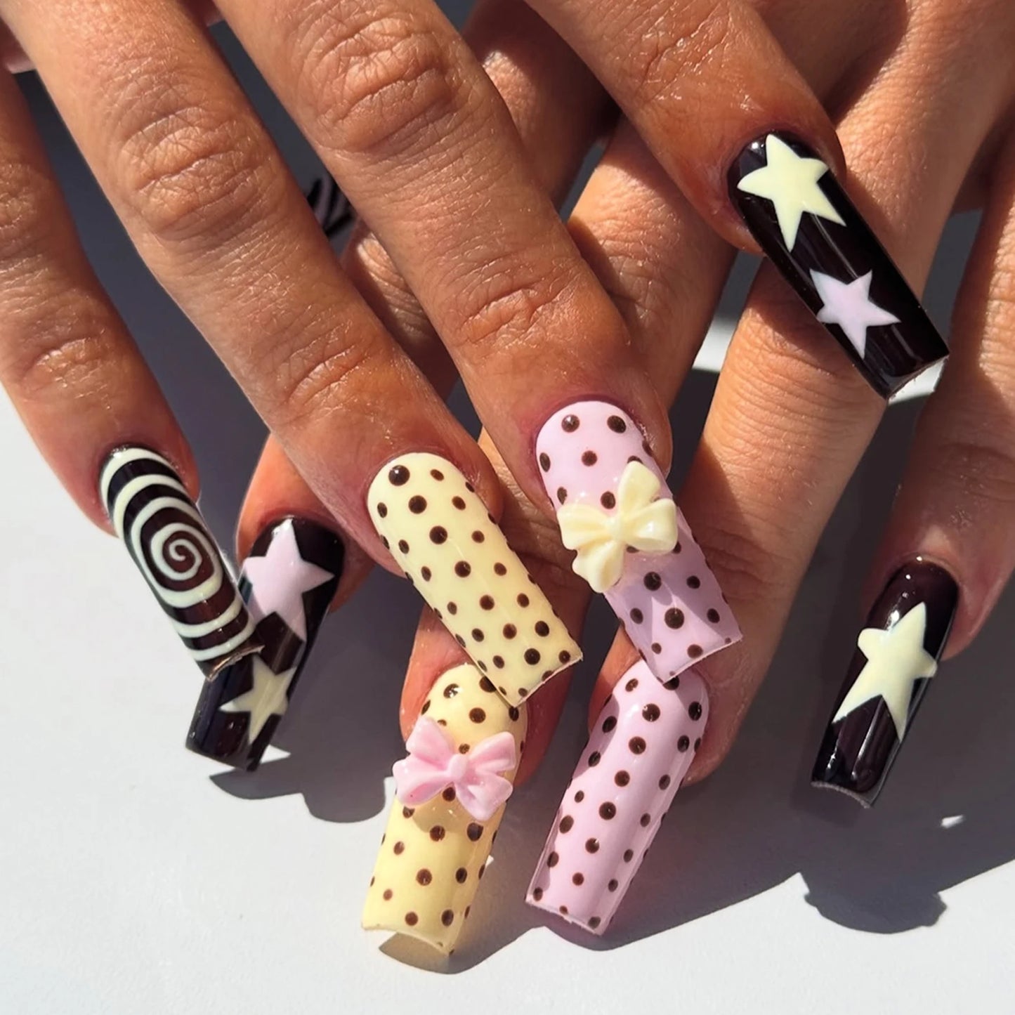 24pcs Y2K girl style Fake Nails Musical Note Star Pattern Long Coffin False Nails Wearable Spicy Girls Ballet Press on Nails