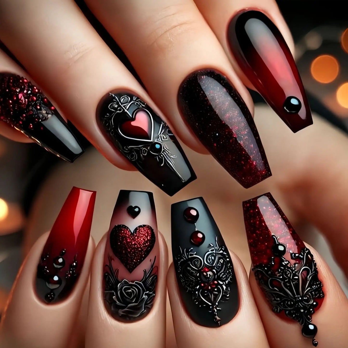 24PCS Gothic False Nails Dark Red Vine Pattern Medium Coffin Press on Nail Sticker Sweet Cool Glossy French Fake Nail Spice Girl