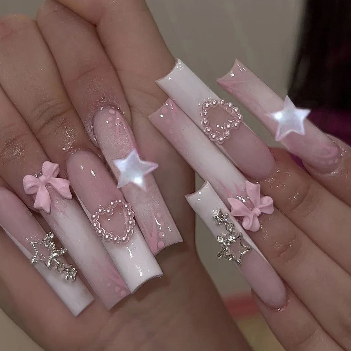 24Pcs Long French Fake Nails with Glue Ballet False Nails Butterfly Rhinestone Design Press on Nails Wearable Coffin Nail Tips