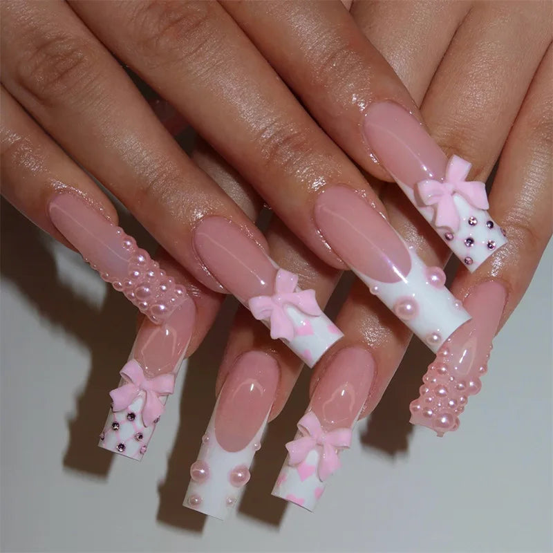 24Pcs Long French Fake Nails with Glue Ballet False Nails Butterfly Rhinestone Design Press on Nails Wearable Coffin Nail Tips