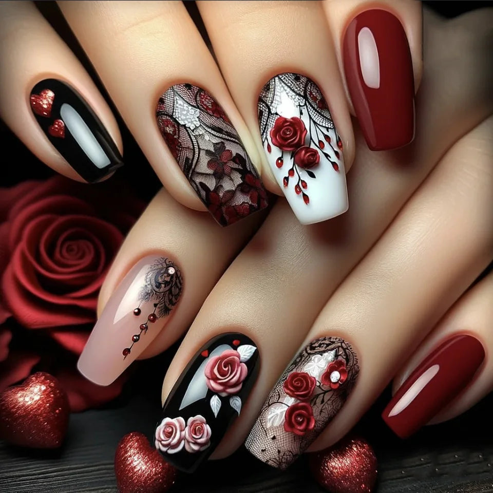 24PCS Gothic False Nails Dark Red Vine Pattern Medium Coffin Press on Nail Sticker Sweet Cool Glossy French Fake Nail Spice Girl