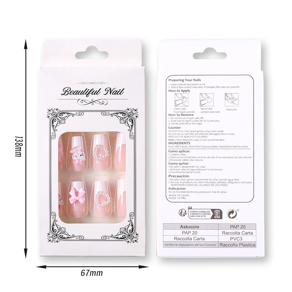 24Pcs 3D Hello Kitty Pearl Bow False Nails Medium Coffin Pink French Fake Nail Patches Y2k Cartoon Wearable Women Press On Nails