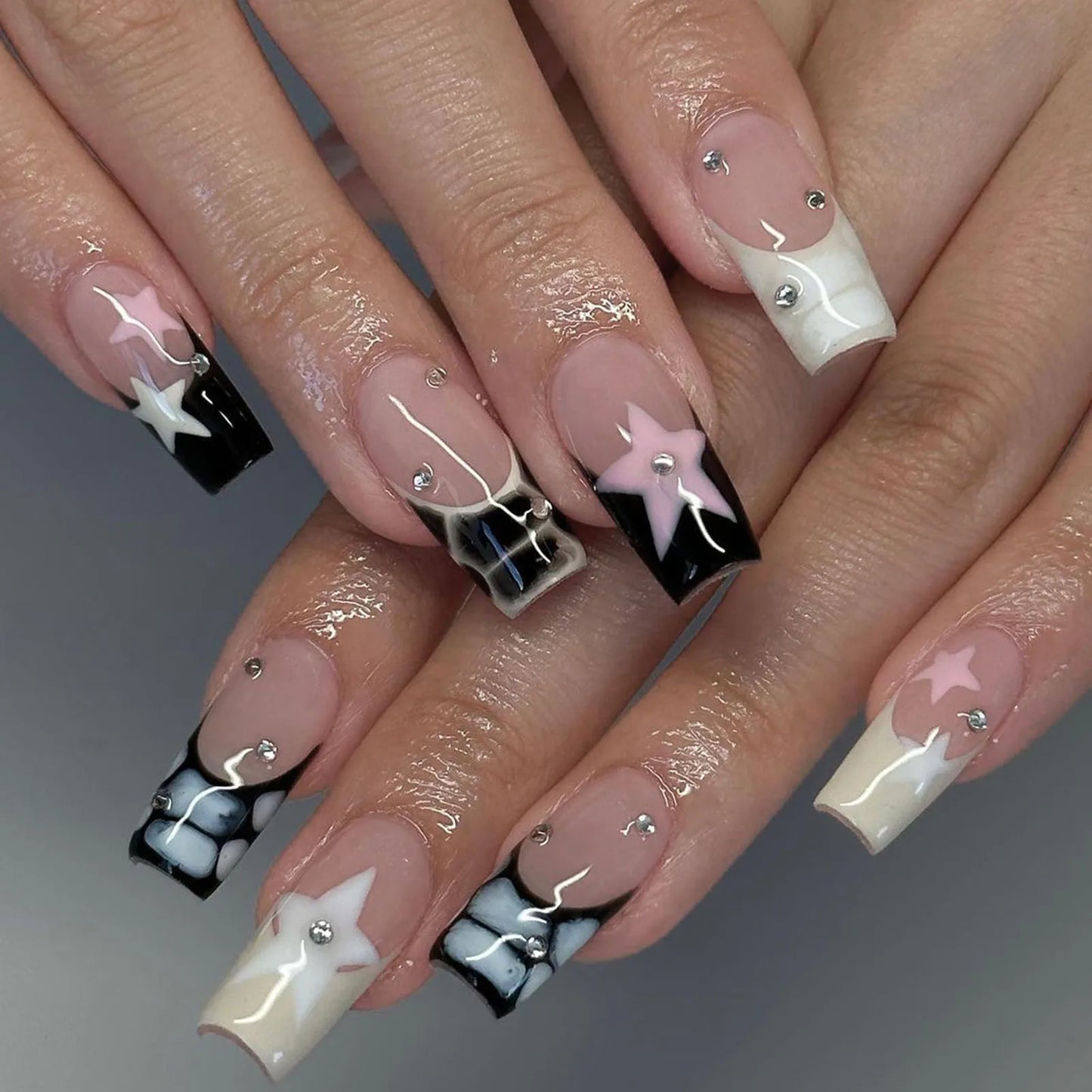 24pcs Y2K Sweet Stars Press On Nails Blue Brown Stripes French Style False Nails Wave Point Designs Autumn Vintage Fake Nail