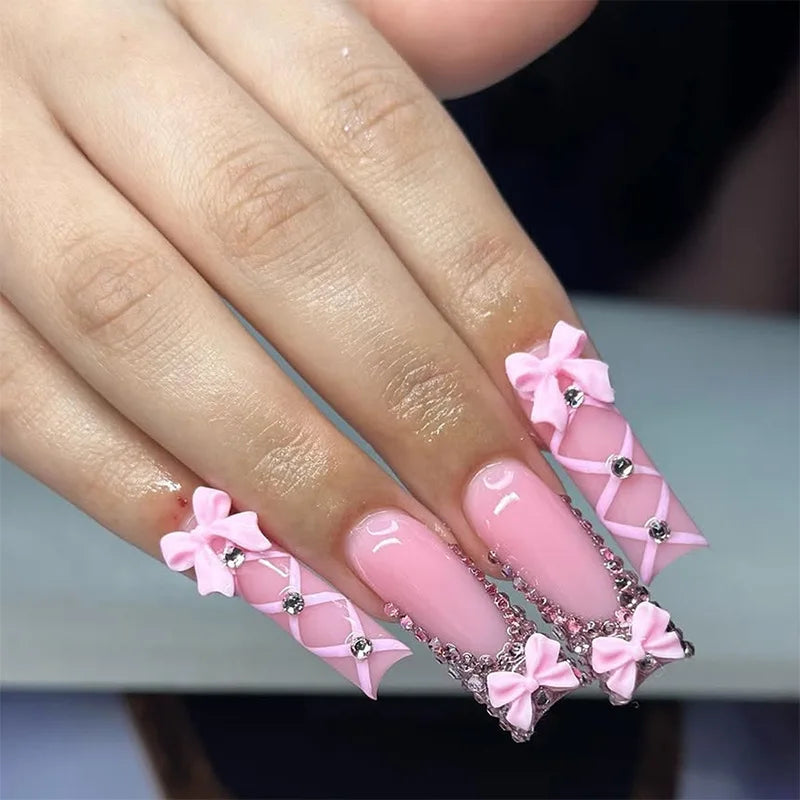 24Pcs Long French Fake Nails with Glue Ballet False Nails Butterfly Rhinestone Design Press on Nails Wearable Coffin Nail Tips