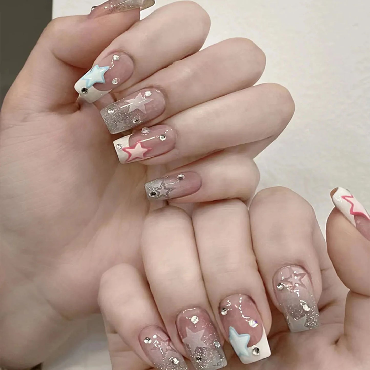 24pcs Y2K Sweet Stars Press On Nails Blue Brown Stripes French Style False Nails Wave Point Designs Autumn Vintage Fake Nail