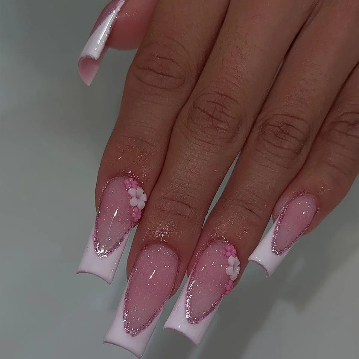 24Pcs Long French Fake Nails with Glue Ballet False Nails Butterfly Rhinestone Design Press on Nails Wearable Coffin Nail Tips