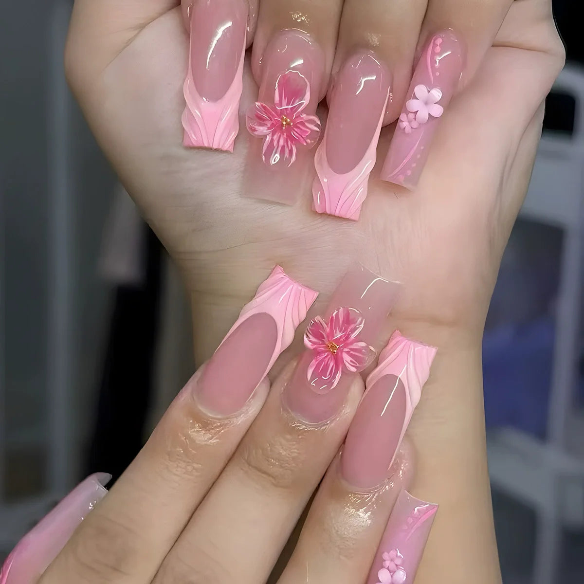 24Pcs Long French Fake Nails with Glue Ballet False Nails Butterfly Rhinestone Design Press on Nails Wearable Coffin Nail Tips