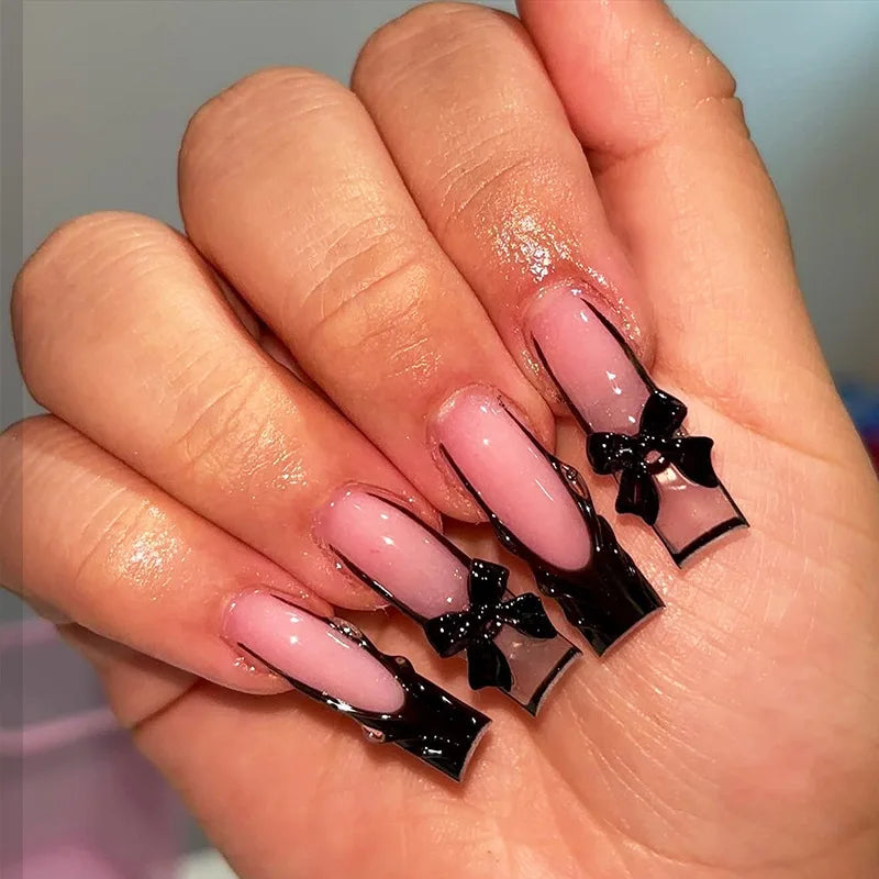 24Pcs Long French Fake Nails with Glue Ballet False Nails Butterfly Rhinestone Design Press on Nails Wearable Coffin Nail Tips