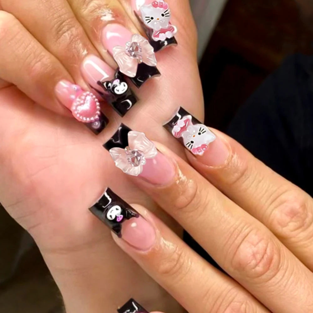 24Pcs 3D Hello Kitty Pearl Bow False Nails Medium Coffin Pink French Fake Nail Patches Y2k Cartoon Wearable Women Press On Nails