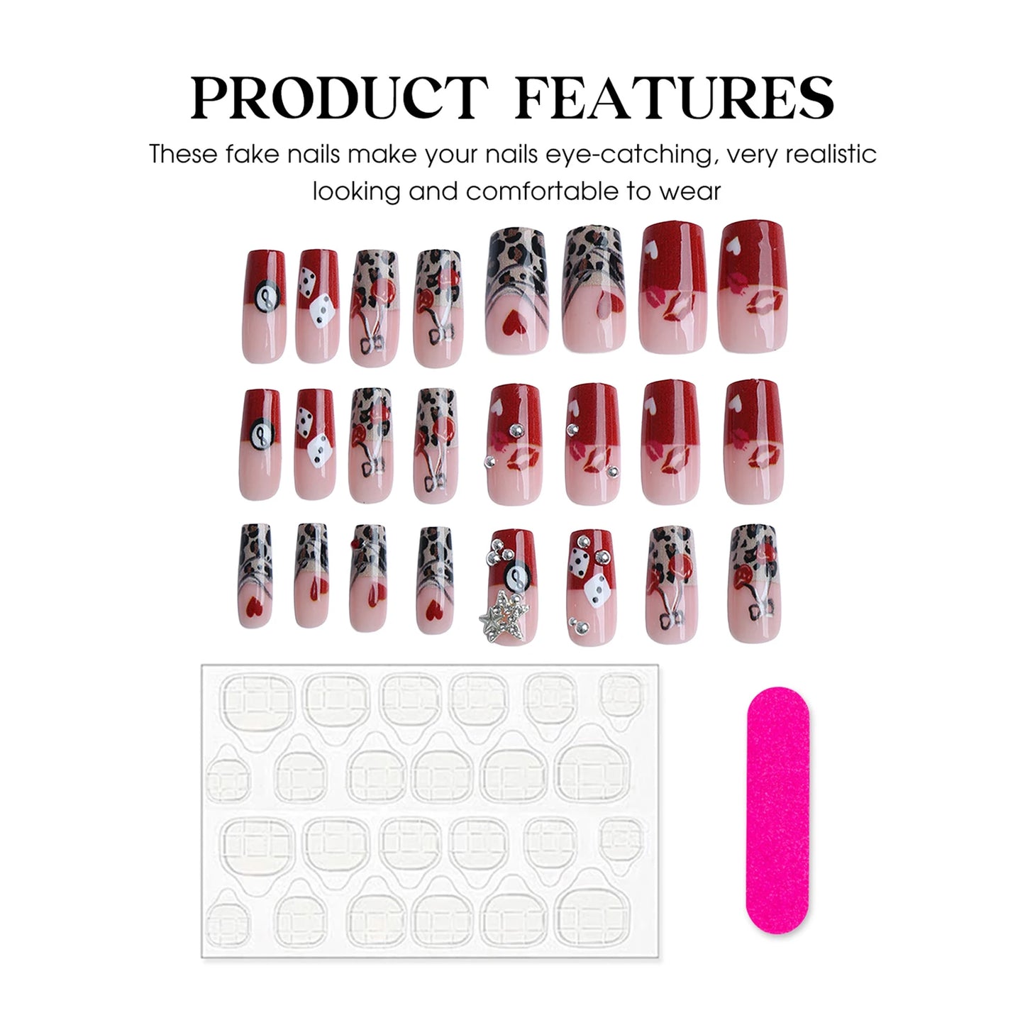 24PCS False Nails Leopard Printed Rhinestone French Artificial Nail Tips For Women Daily Wear Wearable False Nails Woman