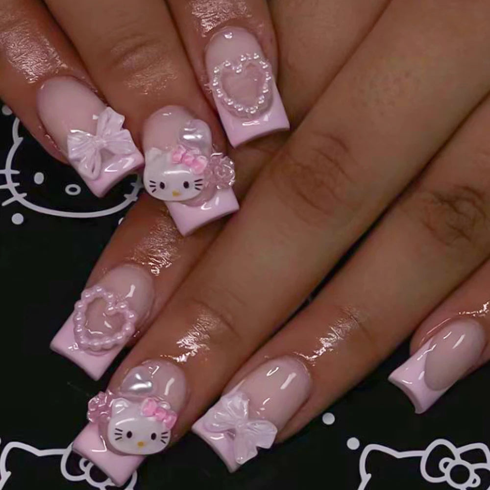 24Pcs 3D Hello Kitty Pearl Bow False Nails Medium Coffin Pink French Fake Nail Patches Y2k Cartoon Wearable Women Press On Nails