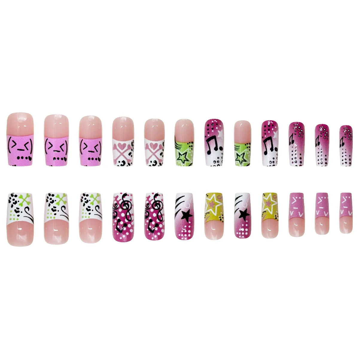 24pcs Y2K girl style Fake Nails Musical Note Star Pattern Long Coffin False Nails Wearable Spicy Girls Ballet Press on Nails