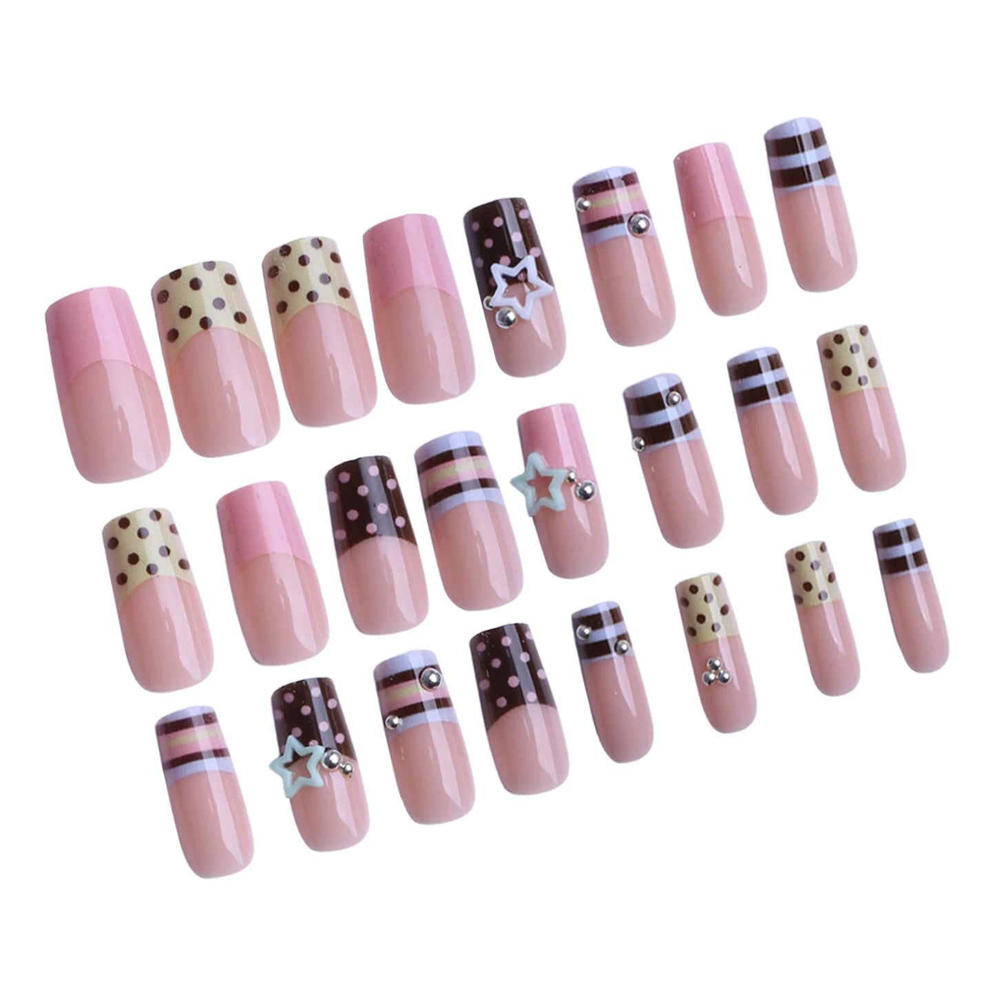 24pcs Y2K Sweet Stars Press On Nails Blue Brown Stripes French Style False Nails Wave Point Designs Autumn Vintage Fake Nail