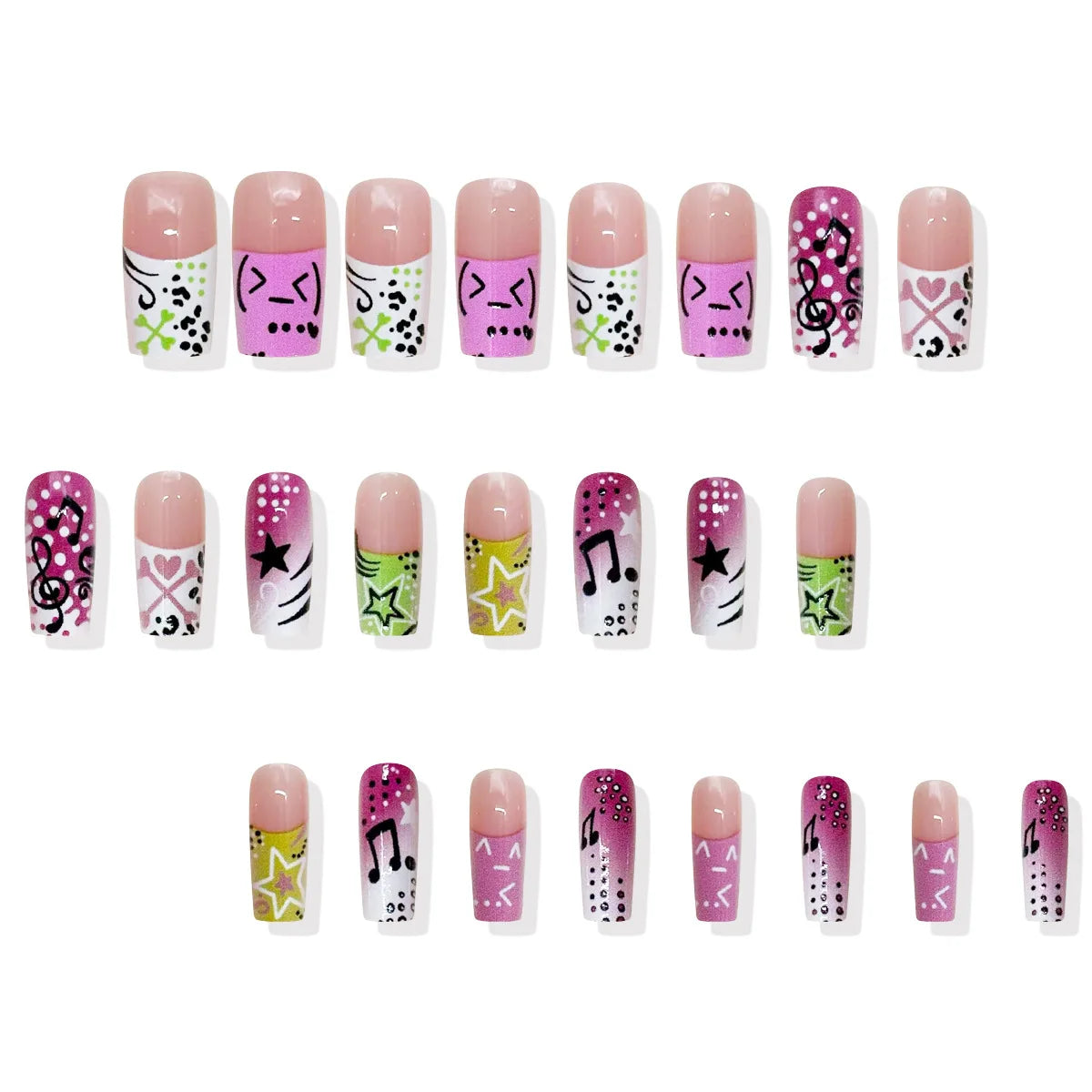 24pcs Y2K girl style Fake Nails Musical Note Star Pattern Long Coffin False Nails Wearable Spicy Girls Ballet Press on Nails