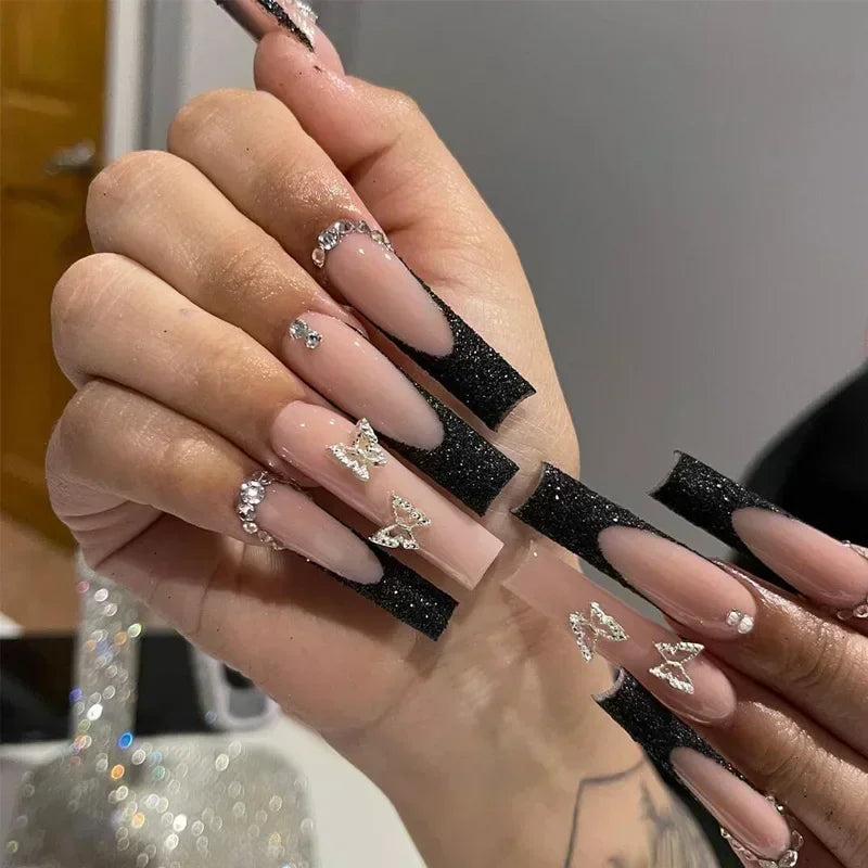 24Pcs Long French Fake Nails with Glue Ballet False Nails Butterfly Rhinestone Design Press on Nails Wearable Coffin Nail Tips