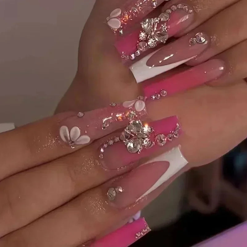 24Pcs Long French Fake Nails with Glue Ballet False Nails Butterfly Rhinestone Design Press on Nails Wearable Coffin Nail Tips