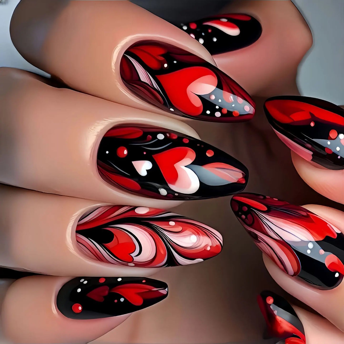 24PCS Gothic False Nails Dark Red Vine Pattern Medium Coffin Press on Nail Sticker Sweet Cool Glossy French Fake Nail Spice Girl