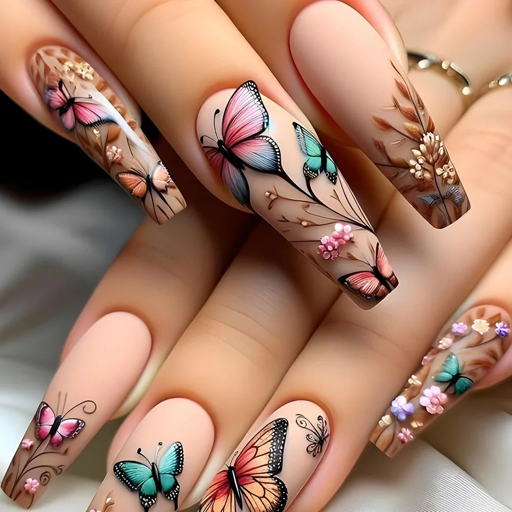 24Pcs Long French Fake Nails with Glue Ballet False Nails Butterfly Rhinestone Design Press on Nails Wearable Coffin Nail Tips