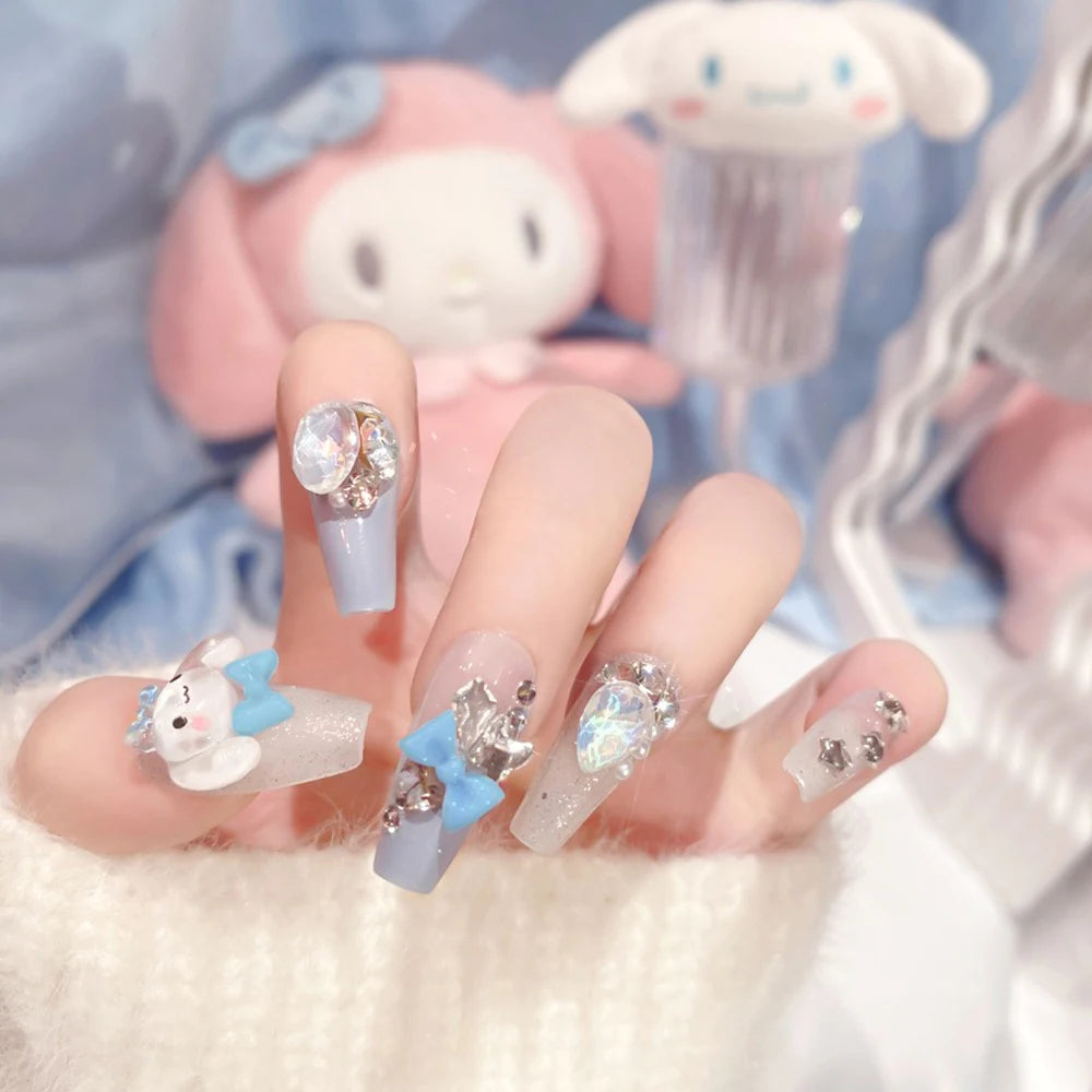 24Pcs 3D Hello Kitty Pearl Bow False Nails Medium Coffin Pink French Fake Nail Patches Y2k Cartoon Wearable Women Press On Nails