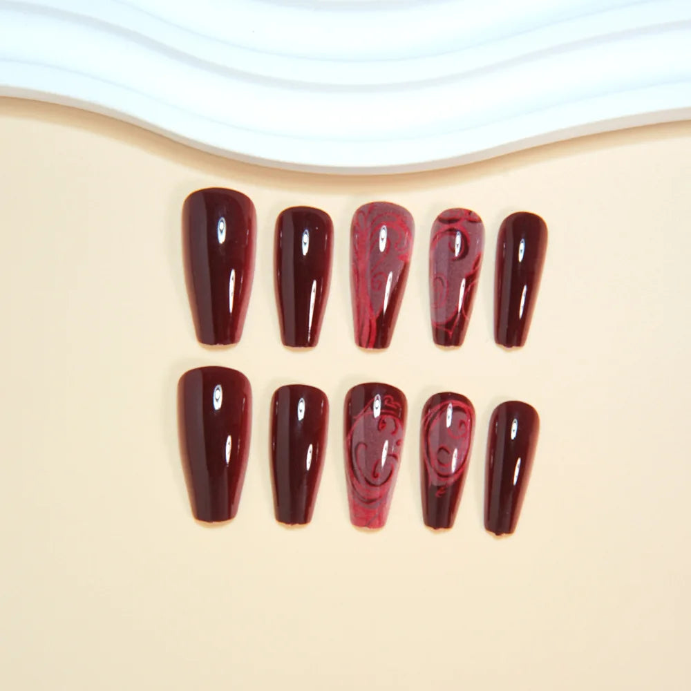24PCS Gothic False Nails Dark Red Vine Pattern Medium Coffin Press on Nail Sticker Sweet Cool Glossy French Fake Nail Spice Girl