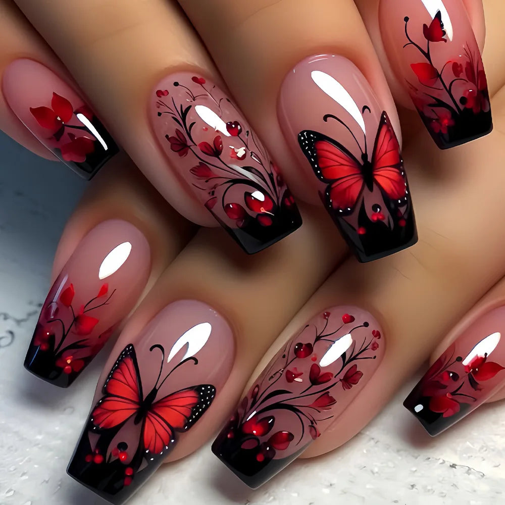 24PCS Gothic False Nails Dark Red Vine Pattern Medium Coffin Press on Nail Sticker Sweet Cool Glossy French Fake Nail Spice Girl