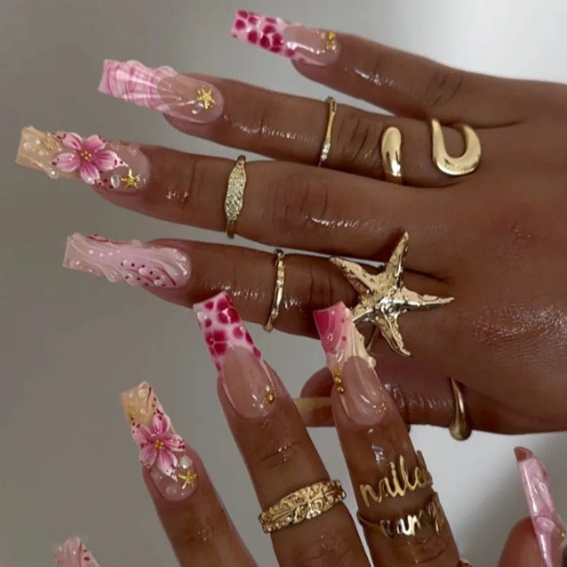 24Pcs Long French Fake Nails with Glue Ballet False Nails Butterfly Rhinestone Design Press on Nails Wearable Coffin Nail Tips