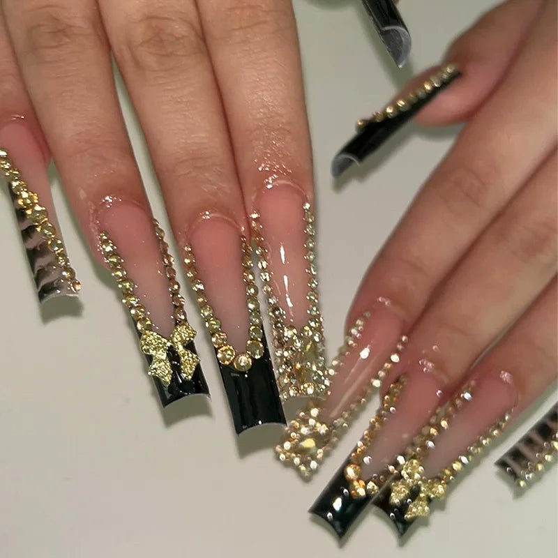 24Pcs Long French Fake Nails with Glue Ballet False Nails Butterfly Rhinestone Design Press on Nails Wearable Coffin Nail Tips