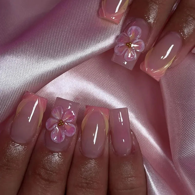 24Pcs Long French Fake Nails with Glue Ballet False Nails Butterfly Rhinestone Design Press on Nails Wearable Coffin Nail Tips