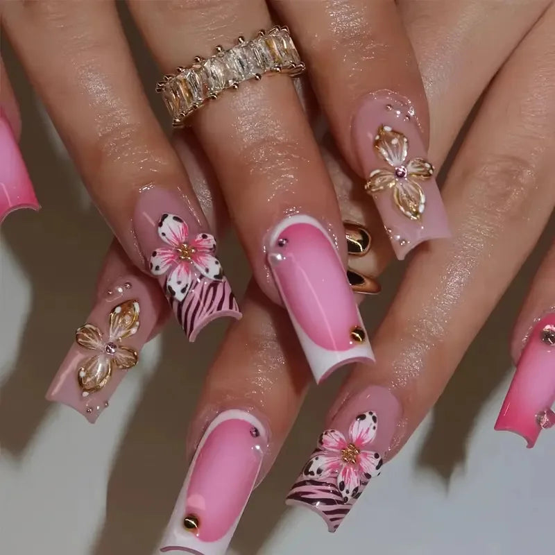 24Pcs Long French Fake Nails with Glue Ballet False Nails Butterfly Rhinestone Design Press on Nails Wearable Coffin Nail Tips