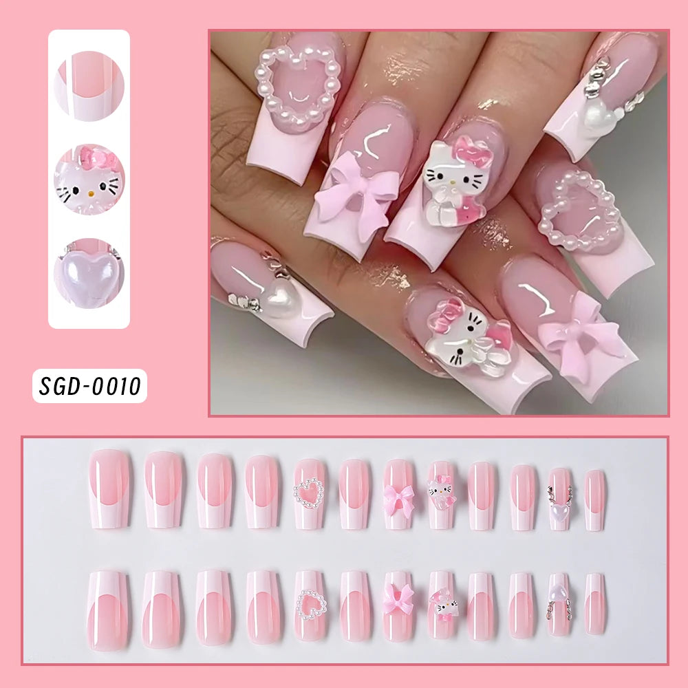 24Pcs 3D Hello Kitty Pearl Bow False Nails Medium Coffin Pink French Fake Nail Patches Y2k Cartoon Wearable Women Press On Nails