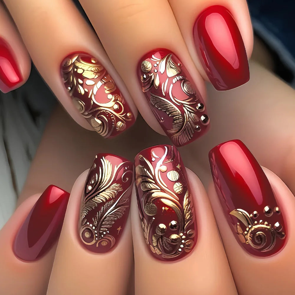 24PCS Gothic False Nails Dark Red Vine Pattern Medium Coffin Press on Nail Sticker Sweet Cool Glossy French Fake Nail Spice Girl