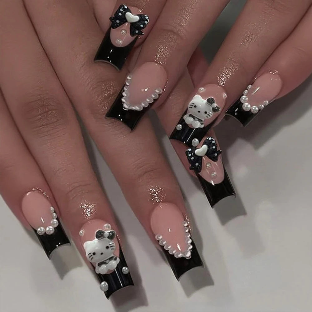 24Pcs 3D Hello Kitty Pearl Bow False Nails Medium Coffin Pink French Fake Nail Patches Y2k Cartoon Wearable Women Press On Nails