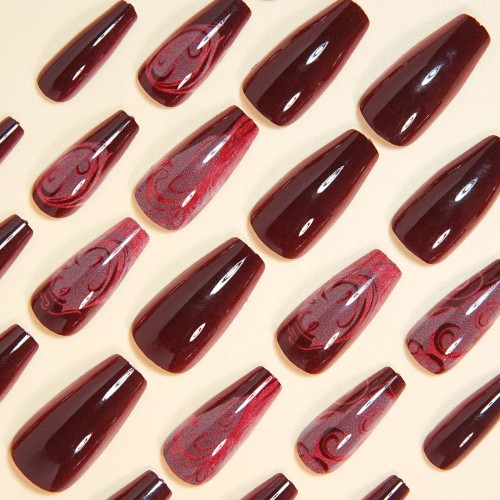 24PCS Gothic False Nails Dark Red Vine Pattern Medium Coffin Press on Nail Sticker Sweet Cool Glossy French Fake Nail Spice Girl
